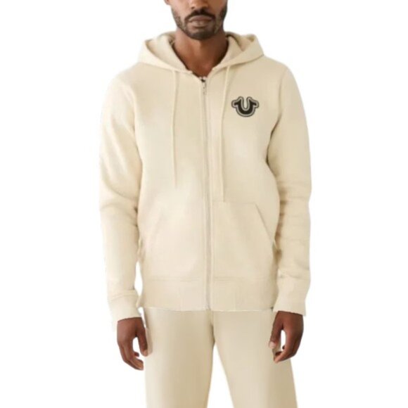 True Religion Men's Fleece Sweatsuit 2 PC Tracksuit Ivory Hoodie Joggers Size M - Picture 3 of 11